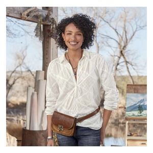 Sundance Patchwork Tunic Top Blouse. Long Sleeve. Large. White.